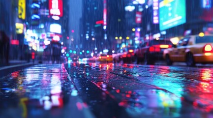 Obraz premium Rainy Night in the City: Neon Lights Reflecting on Wet Pavement