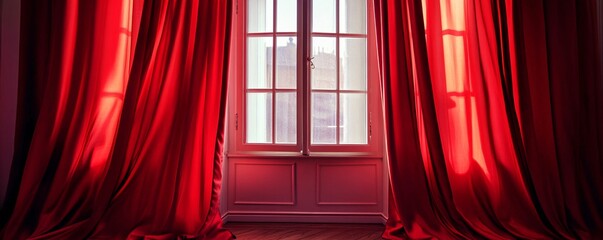 Elegant room with red curtains framing sunlight through a window