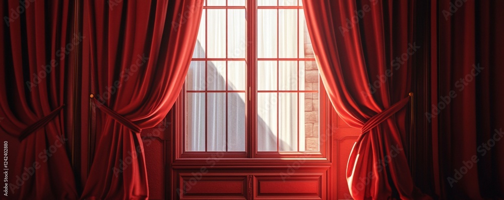 Poster sunlight is shining through a window in a red room with red curtains