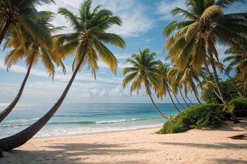 Obraz premium Dreamy Beach Panorama with Swaying Coconut Palms and Tranquil Ocean View