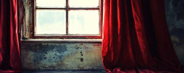 Red velvet curtains frame a frosted glass window in a deserted building