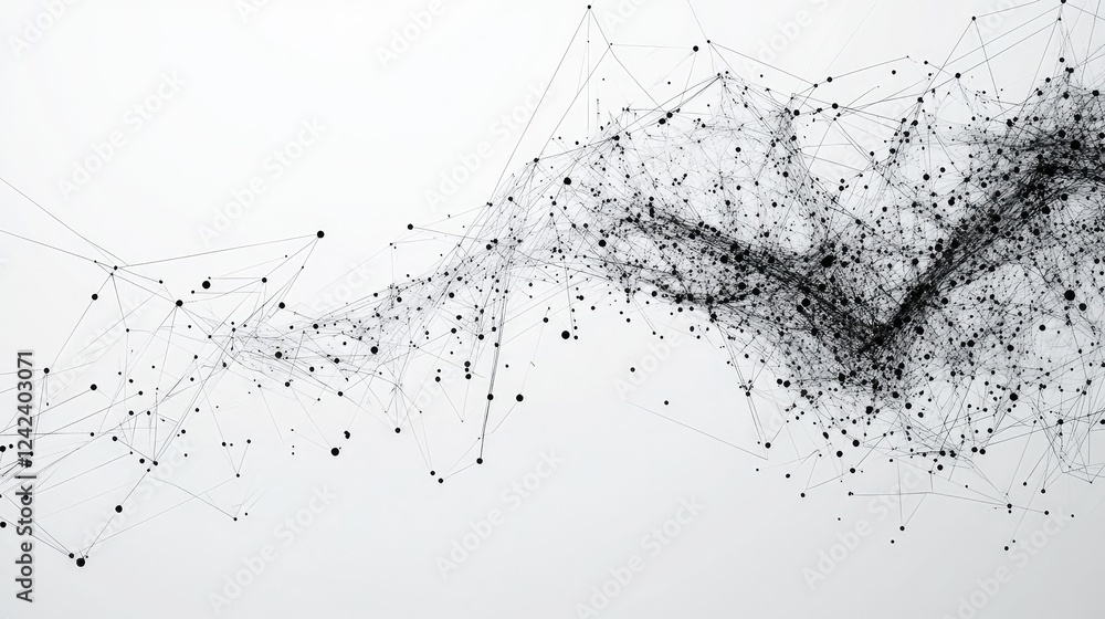 Poster abstract connection of black dots and lines creating a sense of flow and movement against a minimali
