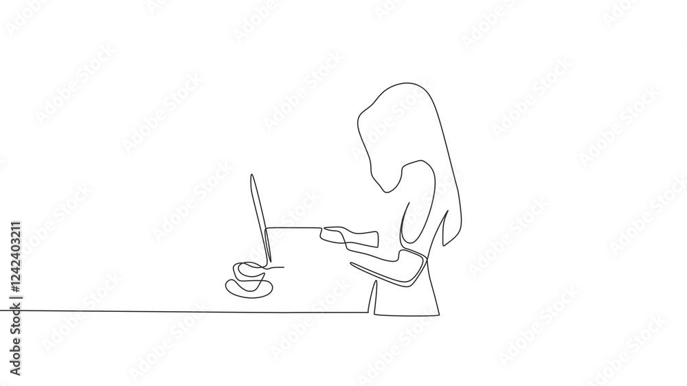 Poster continuous one line drawing animation of man working on laptop. animation person doing his job with 