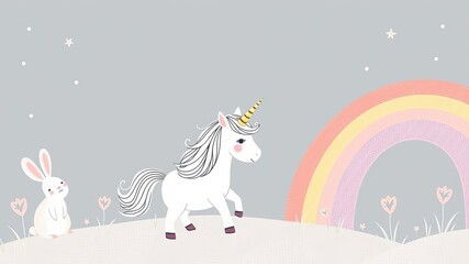 Obraz premium Adorable hand-drawn vector illustration set for baby girl nursery decor, featuring princess, unicorn, bunny, rainbow in Scandinavian style, prints, cards, hand drawn