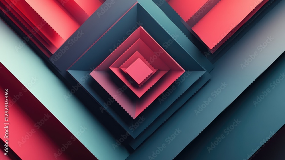 Poster abstract geometric design with multi-dimensional layers in red and blue tones creating a modern and 