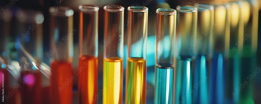 Aufkleber Close-up view of colorful liquids in test tubes in a science laboratory setting