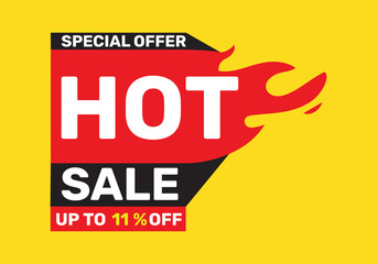 11 Percentage off HOT SALE on a bright yellow background vector illustration.