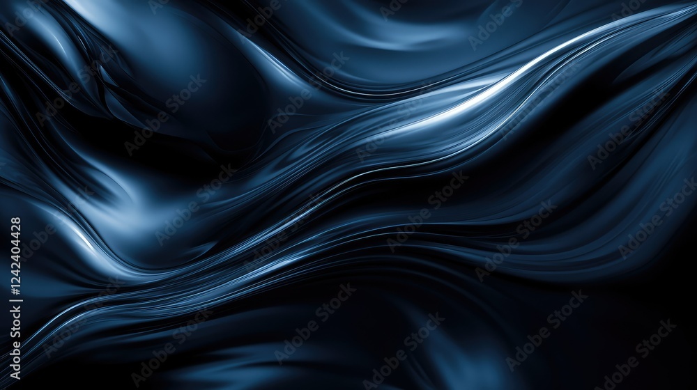 Poster smooth and elegant blue abstract waves with reflective surfaces, dynamic flowing patterns, and rich 