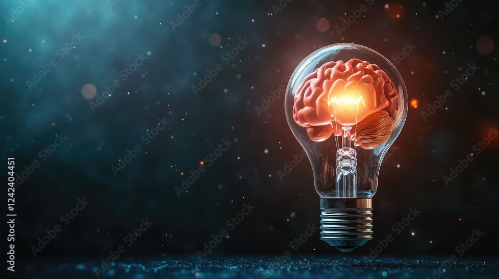 Poster futuristic light bulb concept with brain inside illuminating innovative ideas and thoughts on abstra