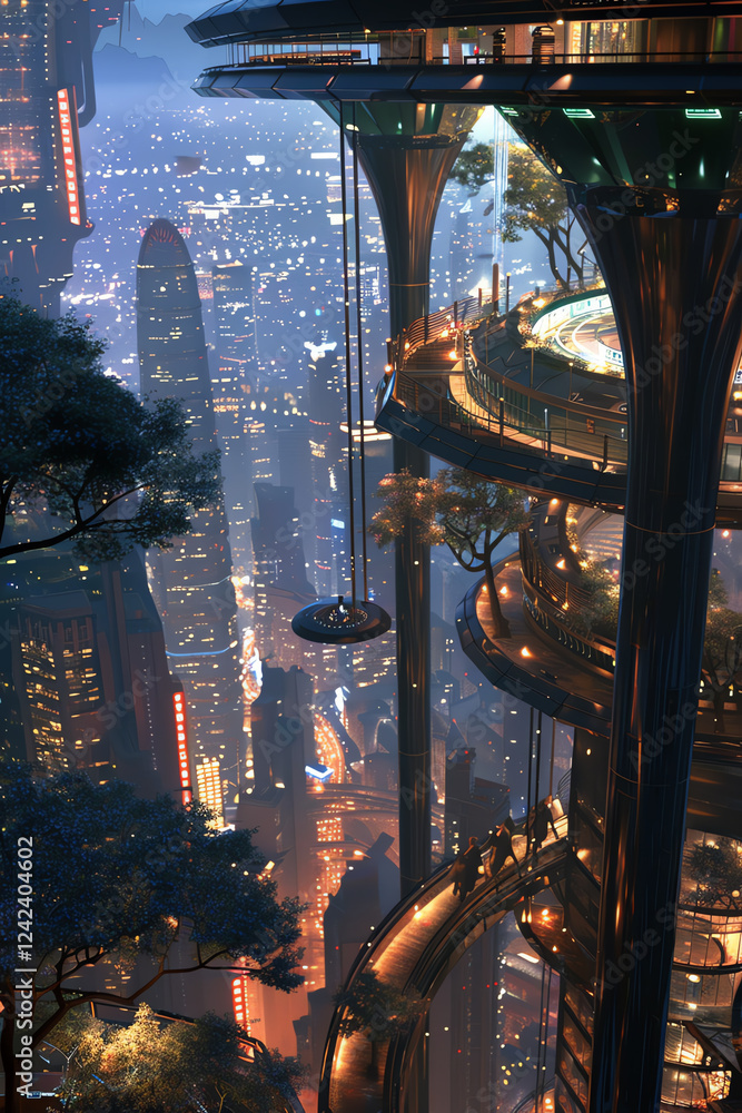 Poster capture a breathtaking panoramic view of a cityscape intertwined with futuristic technologies, set t
