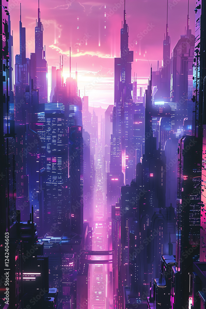 Aufkleber capture a breathtaking panoramic view of a cityscape intertwined with futuristic technologies, set t