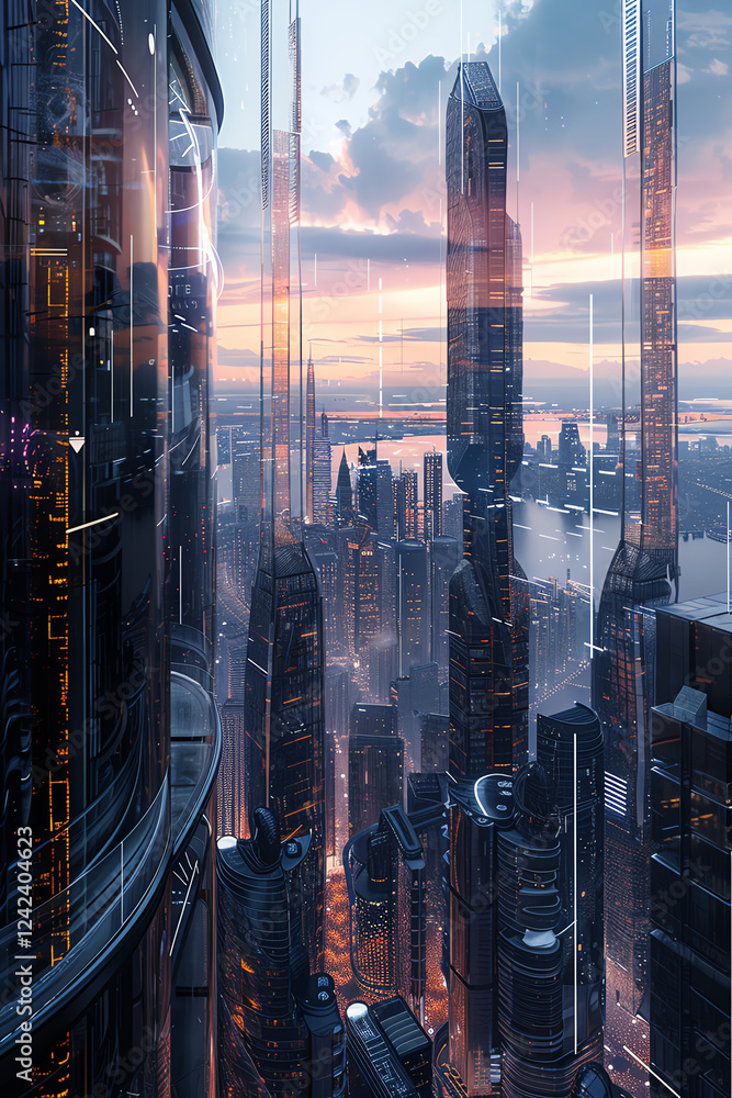 Aufkleber capture a breathtaking panoramic view of a cityscape intertwined with futuristic technologies, set t