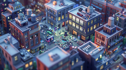 Capture a bustling cityscape seen from above in CG 3D rendering, showcasing a therapists office, subtly hinting at imposter syndrome with pixel art details