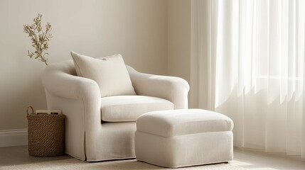 A cozy, neutral-toned armchair with an ottoman, soft textures, and natural light filtering through sheer curtains, creating a warm and inviting atmosphere.