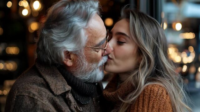 Wealthy Old man kissing a beautiful attractive stylish young woman