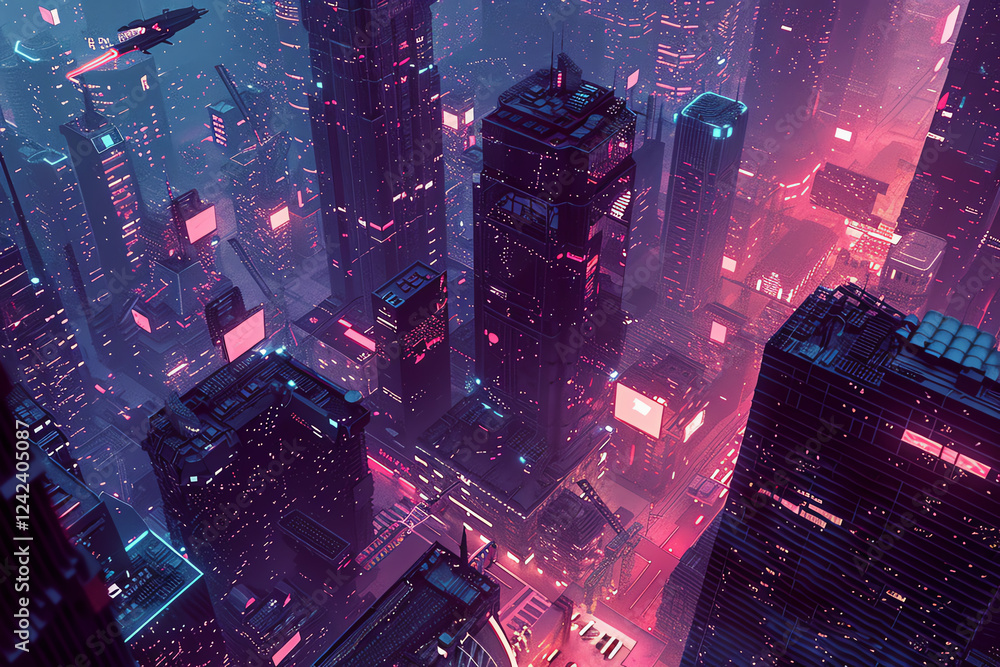 Poster capture a dystopian cityscape in a tilted angle view with surreal pixel art style, showcasing the cl