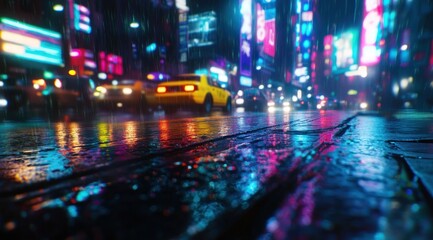 Rainy Night in the City: Neon Lights Reflecting on Wet Pavement