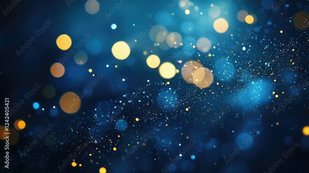 Poster a beautiful background of soft blurred lights sparkling in shades of blue and gold, creating a dream
