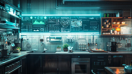 Capture a futuristic kitchen scene with holographic recipe displays in CG 3D rendering, showcase molecular gastronomy in pixel art, add an unexpected overhead angle to emphasize culinary precision