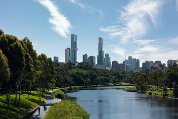 Scenic view of Melbourne skyline and Yarra river on a sunny day