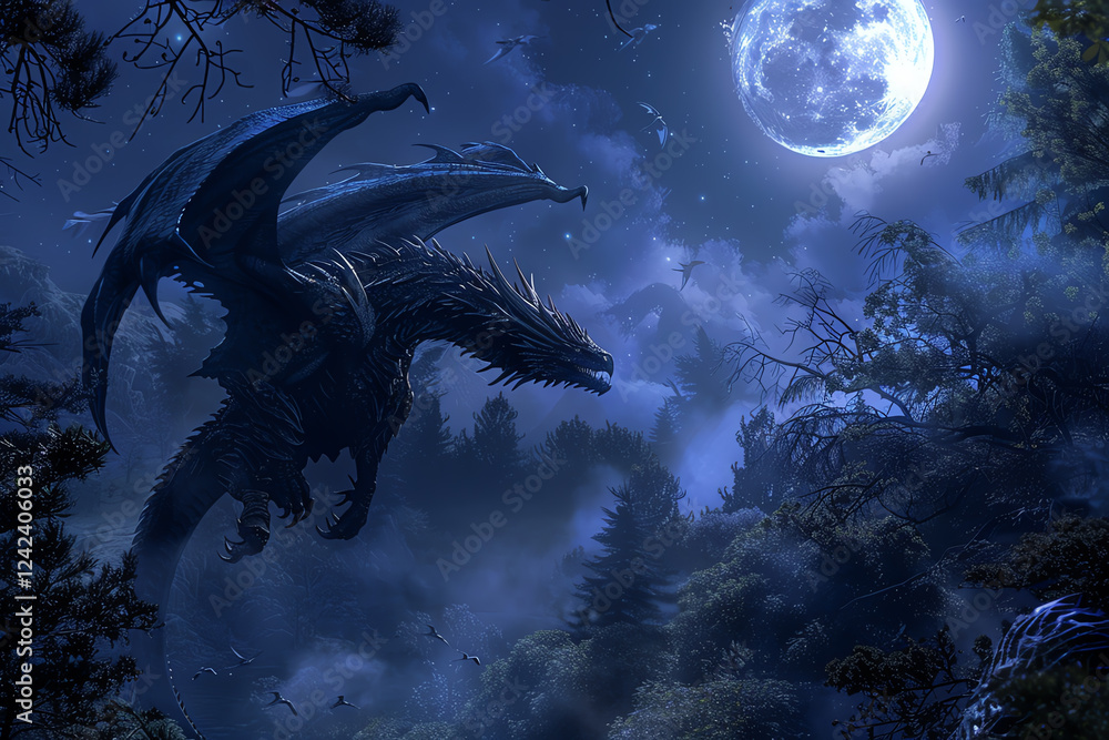 Poster capture a majestic dragon from a high-angle view as it soars through a moonlit forest in stunning ph