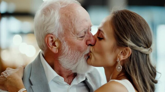 Wealthy Old man kissing a beautiful attractive stylish young woman