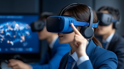 Young professionals engaged in virtual reality training in a modern office setting with screens