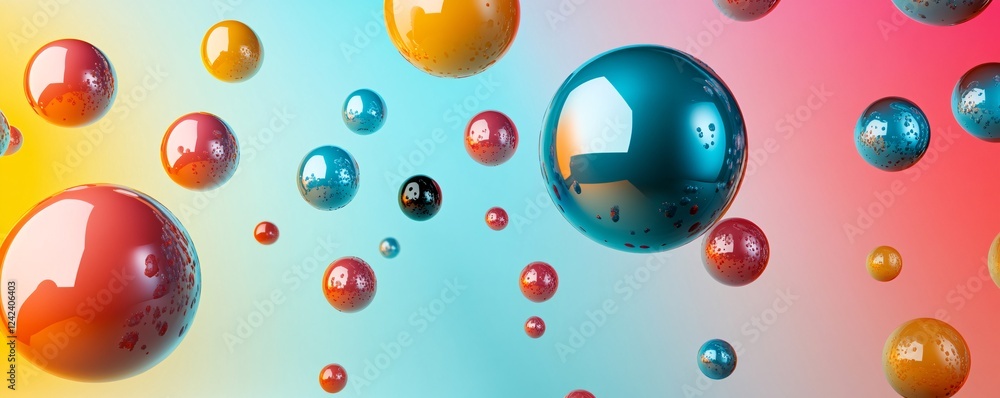 Poster 3d rendering of colorful spheres floating on gradient background