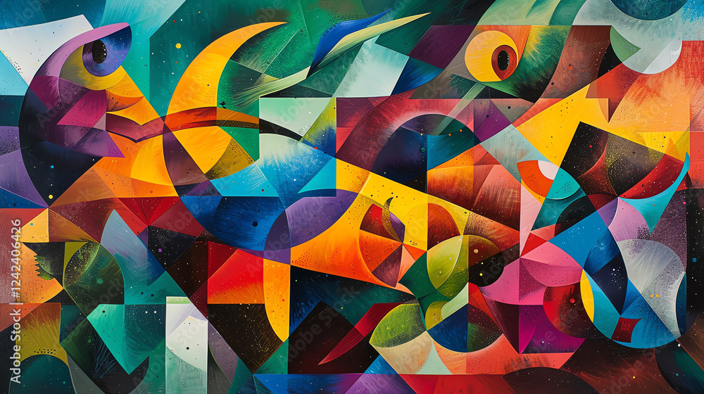Poster capture a panoramic view of mystical creatures in a vibrant cubist masterpiece, showcasing a fusion 