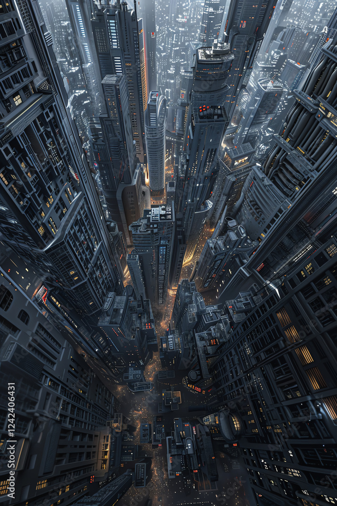 Poster capture a panoramic view of a dystopian cityscape, featuring intricate details and ominous skyscrape