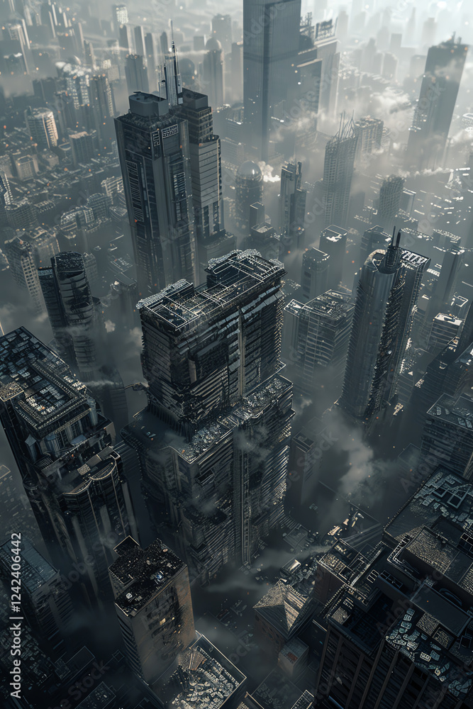 Poster capture a panoramic view of a dystopian cityscape, featuring intricate details and ominous skyscrape