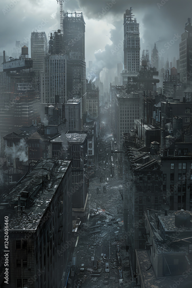 Poster capture a panoramic view of a dystopian cityscape, featuring intricate details and ominous skyscrape