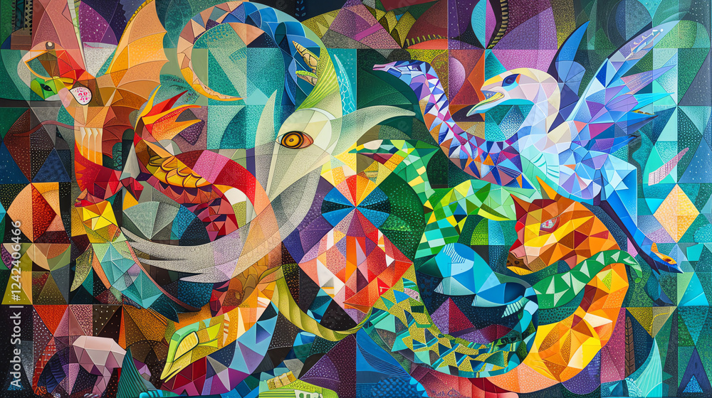Poster capture a panoramic view of mystical creatures in a vibrant cubist masterpiece, showcasing a fusion 