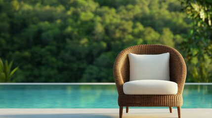 Fototapeta premium A cozy wicker chair sits beside a tranquil pool, surrounded by lush greenery, inviting relaxation and leisure in a serene outdoor setting.