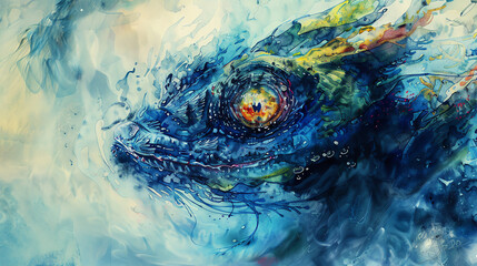 Capture a mystical creature from modern literature at a tilted angle view using vivid watercolor technique Emphasize surrealism for a dreamy effect