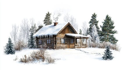 Cozy wooden cabin in winter landscape with snow-covered trees and icicles, tranquil rural scene of seasonal beauty