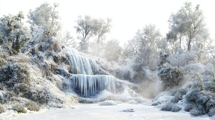 Serene Winter Landscape with Frozen Waterfall and Snow-Covered Trees in a Tranquil Setting