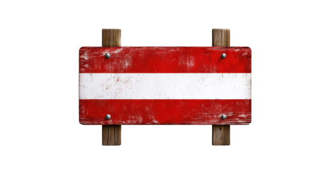 Rustic red and white sign on weathered wooden post in a serene countryside setting