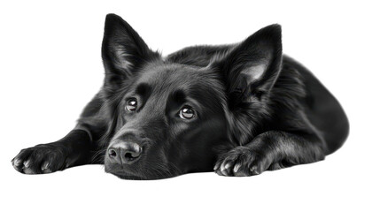Fototapeta premium Calm black dog resting peacefully on the ground in nature's embrace