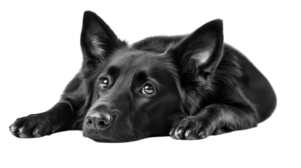 Calm black dog resting peacefully on the ground in nature's embrace