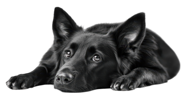 Calm black dog resting peacefully on the ground in nature's embrace