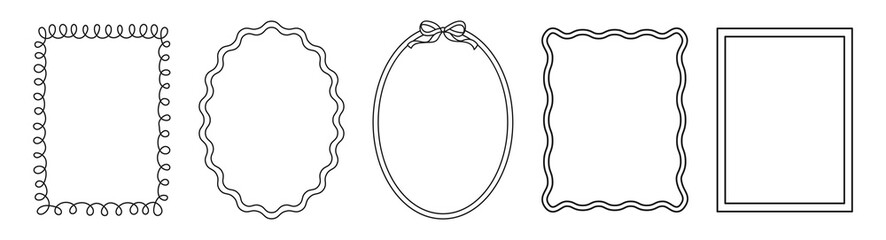 Set frames with space for text. Hand drawn black frames with thin wavy lines isolated on white background. Black frame with cute bow. Border different forms