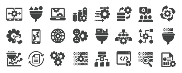 Data processing glyph solid icons collection. Containing analysis, database, visualization. Minimal icon and symbol series vector illustration
