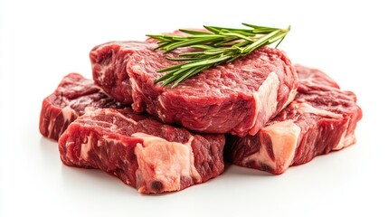 Fresh Raw Beef Steaks with Tender Texture, Marbled Fat, and Green Rosemary Sprig on White Background for Culinary and Food Photography