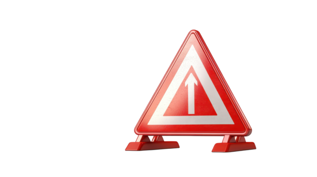 Vivid red and white triangle sign against a clear blue sky background striking