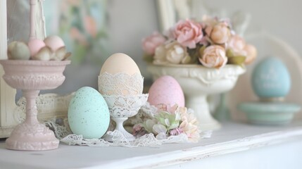 Obraz premium A vintage-inspired Easter decoration featuring old-fashioned Easter eggs, lace, and soft pastel colors. The decor gives the setting a nostalgic, charming feel perfect