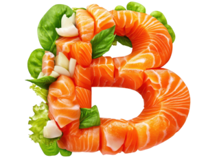 Artful culinary creation, salmon and lettuce formed into a letter