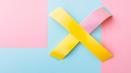 Yellow paper strips intersecting over a pink strip on a pastel blue and pink background