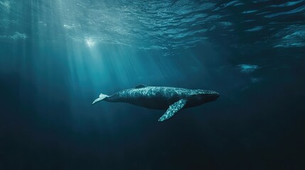 Fototapeta premium Majestic Blue Whale Swimming Gracefully Underwater in Clear Ocean Waters with Sunlight Filtering Through, Capturing the Serenity of Marine Life