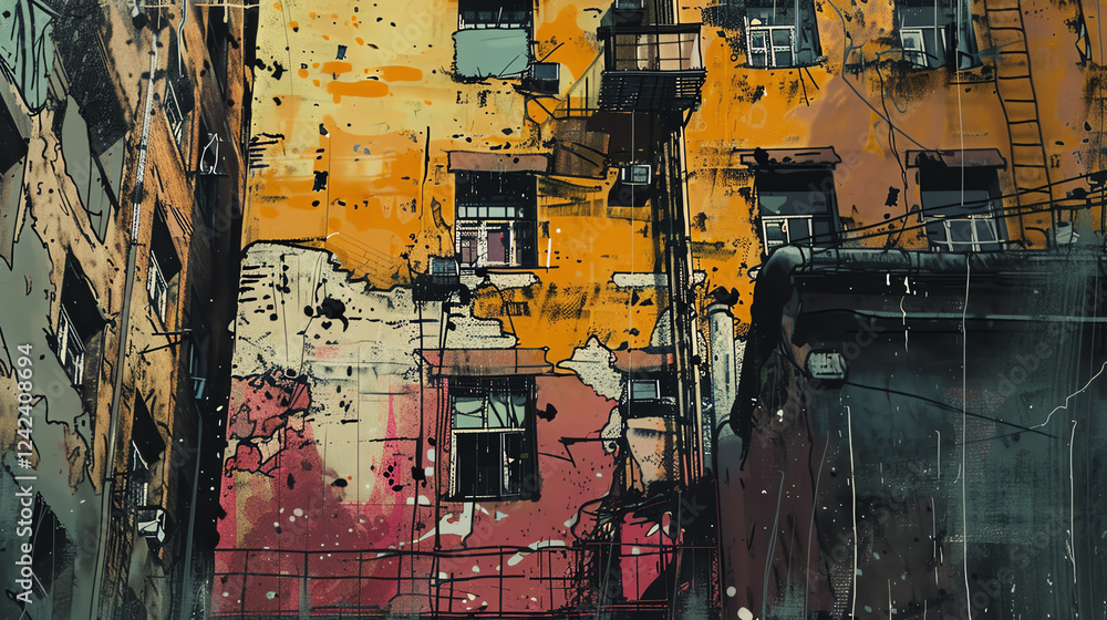 Poster capture the essence of urban decay with unexpected camera angles, focusing on the contrast between d